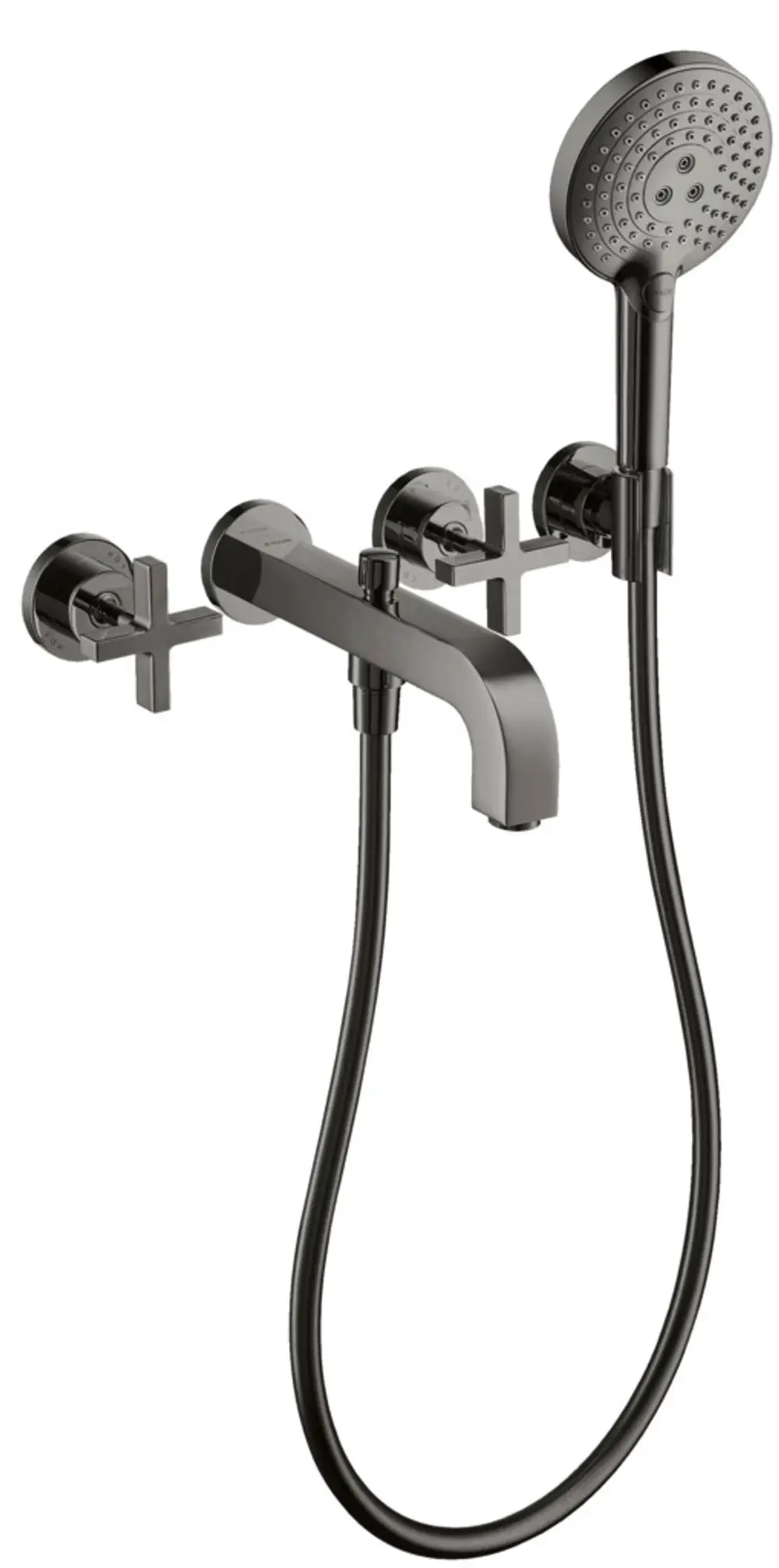 Wannenarmatur mit Kreuzgriffen und Rosetten in Schwarz-Chrom, montiert an der Wand. Hersteller AXOR. Dusche mit flexiblem Schlauch.